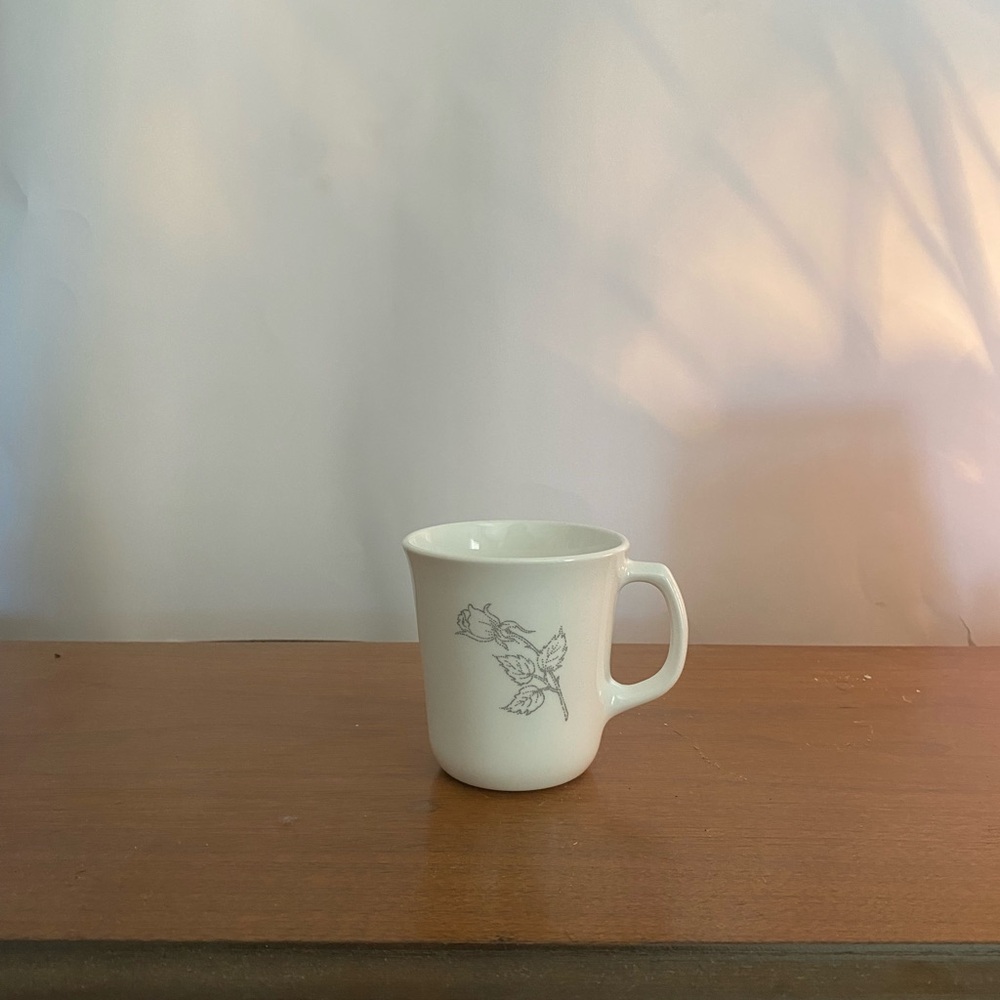 Set of 12 Vintage Corelle Solitary Gray Rose Mugs | Corningware Milkglass Mugs